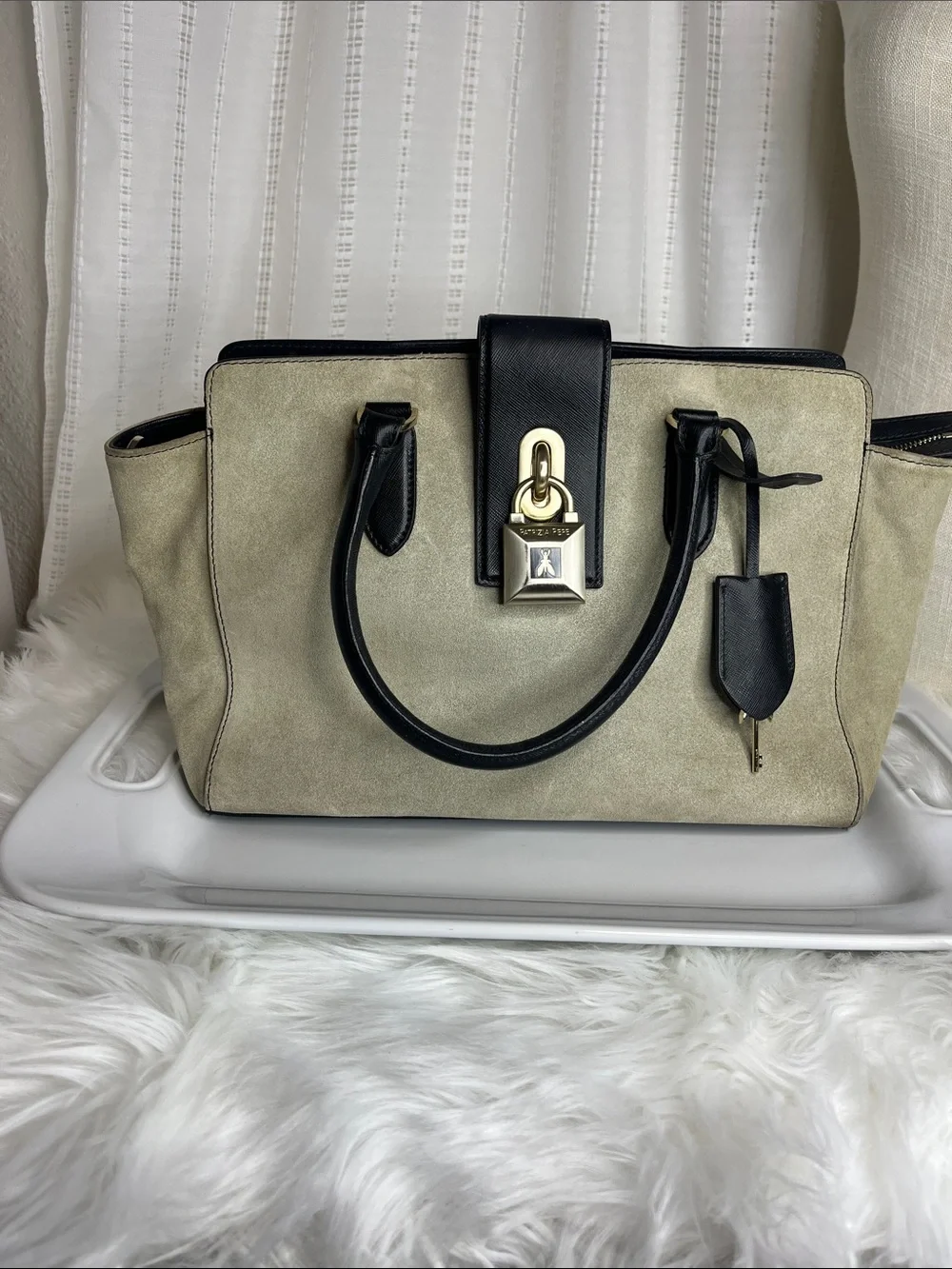 Patrizia Pepe Beige Suede and Black Leather Satchel with Gold Lock